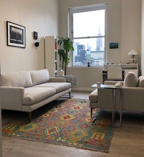 Stylish living room with colorful rug